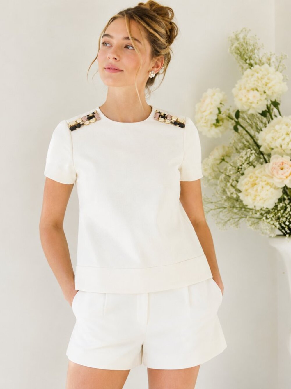 Kate Spade Embellished Shoulder Blouse Size 2 Ivory Cream Short Sleeve Top Jewel